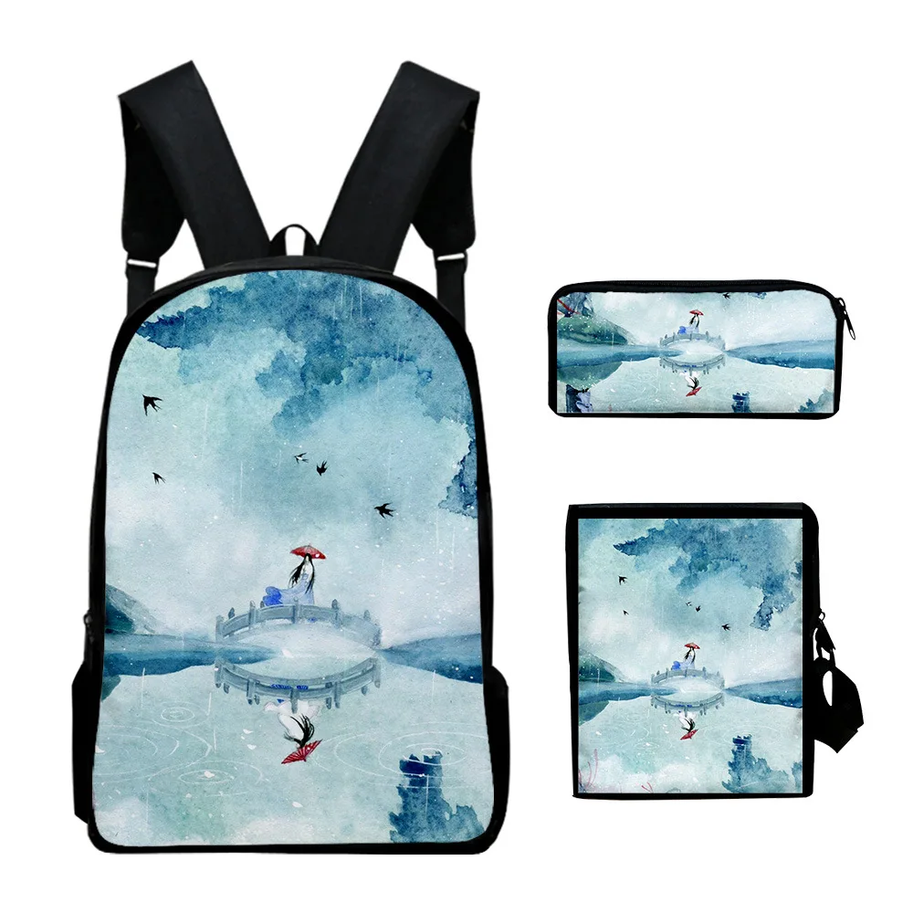 Popular Chinese style ink painting 3D Print 3pcs/Set School Bags Laptop Daypack Backpack Inclined shoulder bag Pencil Case