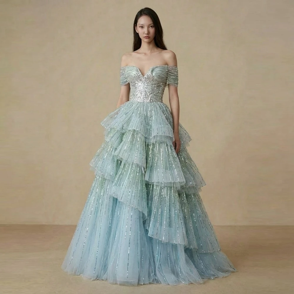 

New Off-Shoulder Sequin Lace Prom Gowns Sparkling Lace Tiered Evening Ball Gown Luxury Sequins Beaded Organza Princess Dresses