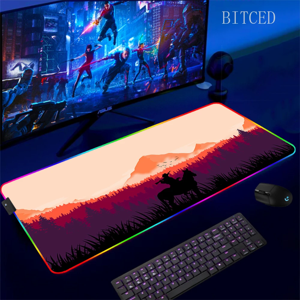 Red Dead Redemption 2 Mouse Pad RGB Pc Gamer Keyboard Mousepad LED Glowing Mouse Mats Household Luminescence Deskmat Big Carpet