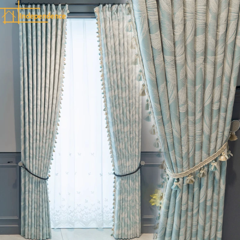 

Blue Plant Jacquard Thickened Blackout Curtains for Living Room Bedroom French Window Study Customized Finished Window Screen