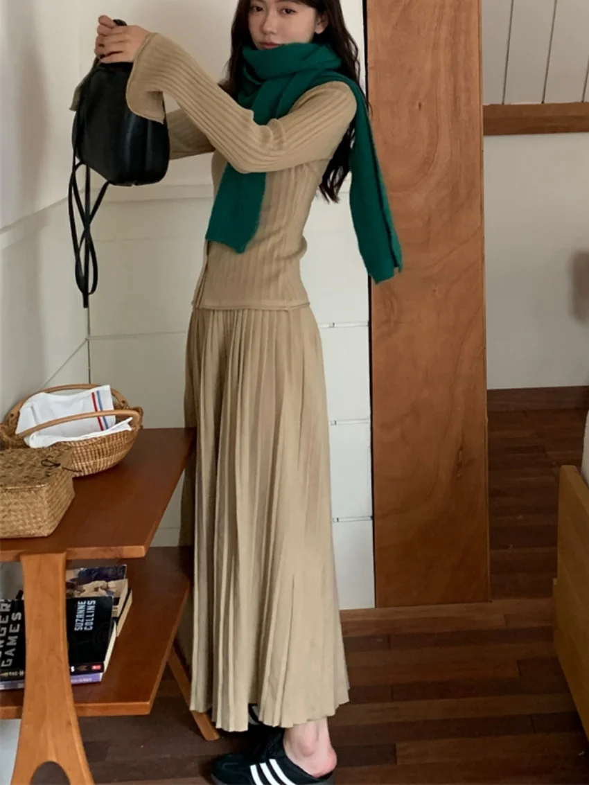 Alien Kitty OL Knitted Women Two Pieces Sets New Slim V-Neck Full Sleeve Sweaters Maxi Pleated Skirts Elegant Autumn Chic Sweet