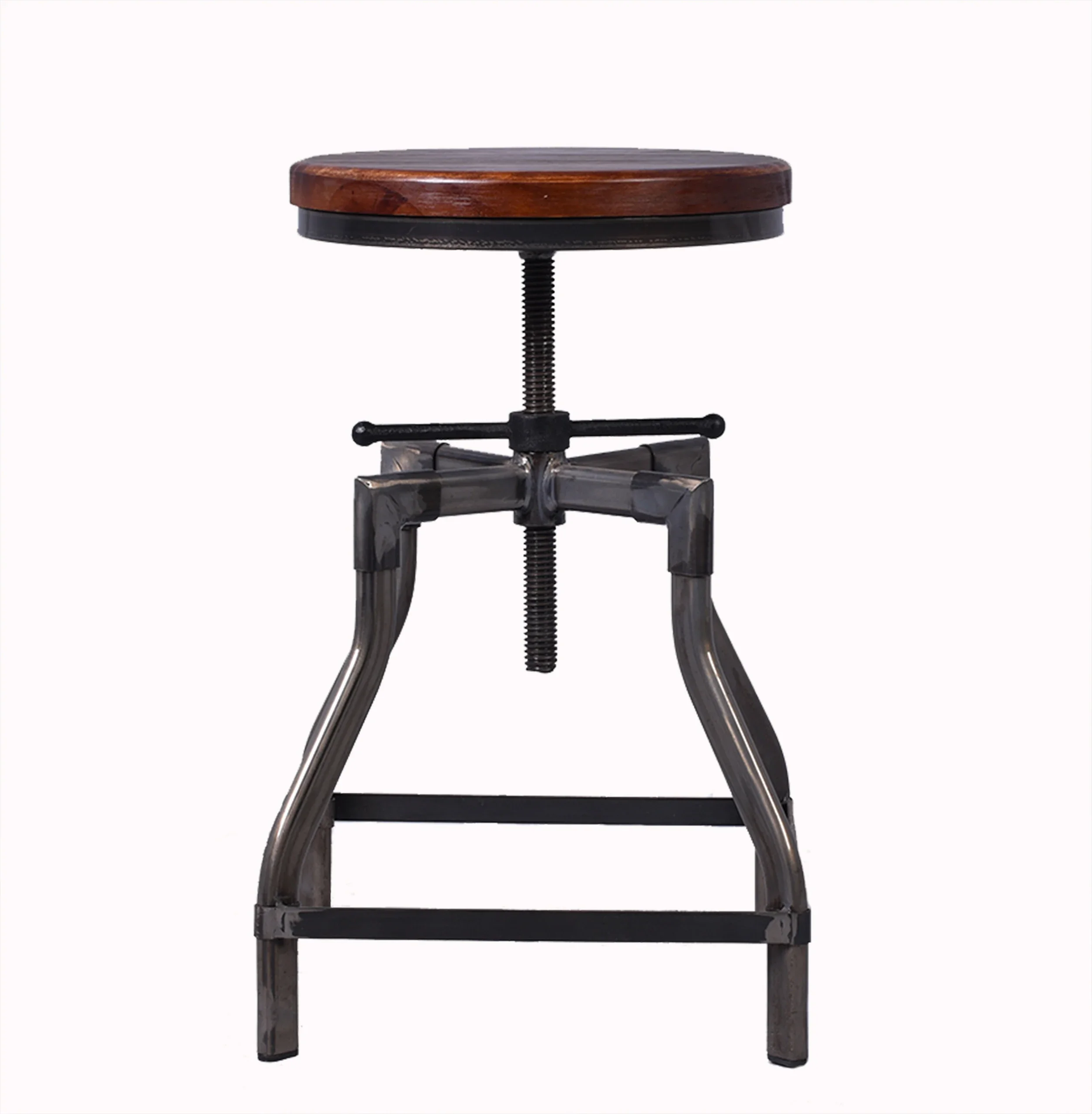 Industrial Vintage Adjustable Seat Height Iron Frame Wooden Bar Stool