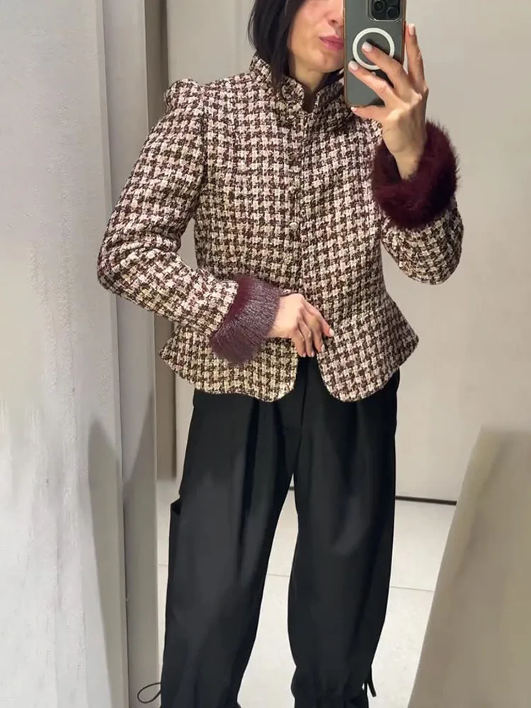 

Женское модное пальто с длинными рукавами, тонким клетчатым узором, декором из искусственного меха на манжетах, однобортное, повседневное, в стиле High Street