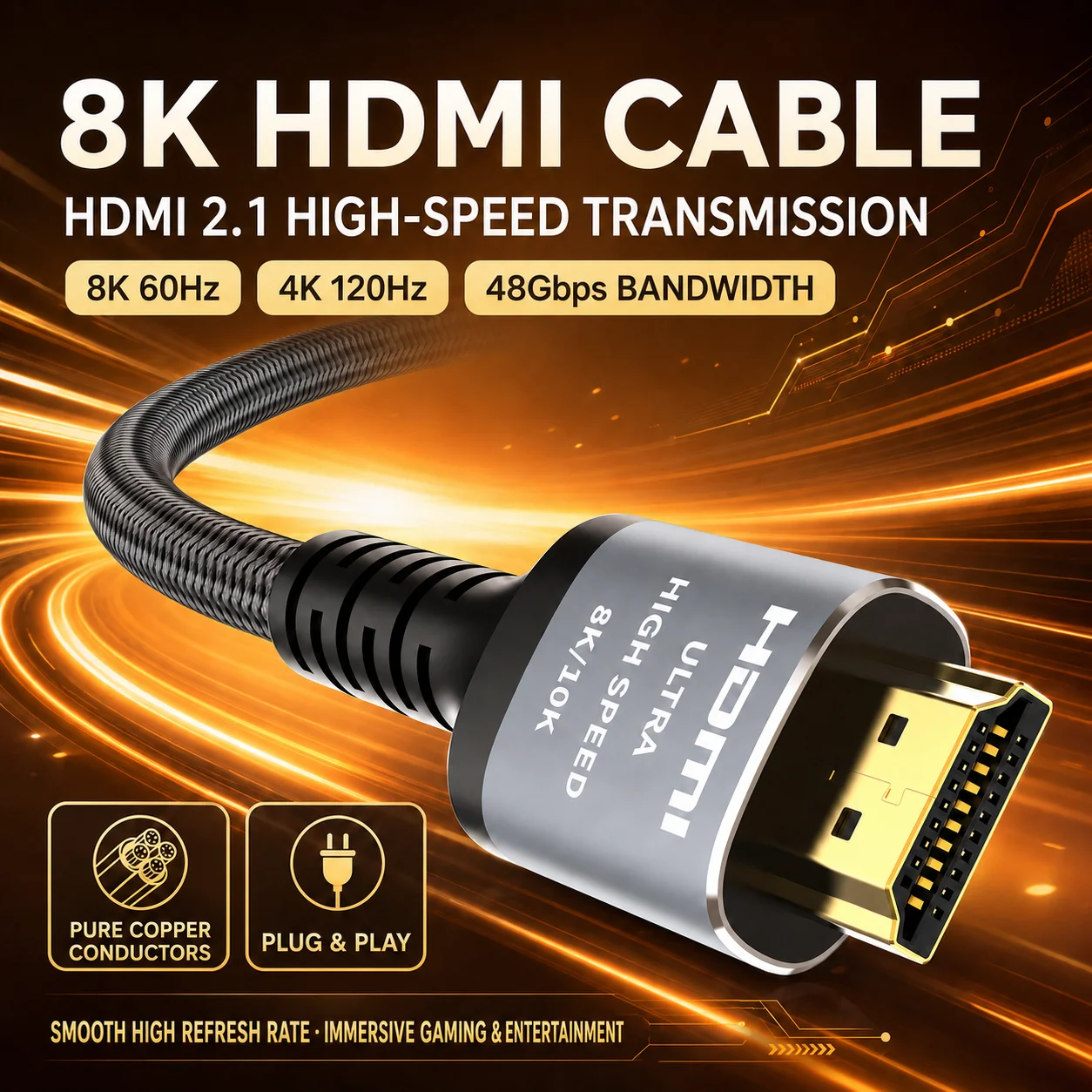 8K HDMI 2.1 Cable 48Gbps High Speed Nylon Braided Cord 4K120Hz Gold Plated Aluminum Shell for TV Monitor PS5 0.5M 1M 2M 3M 5M