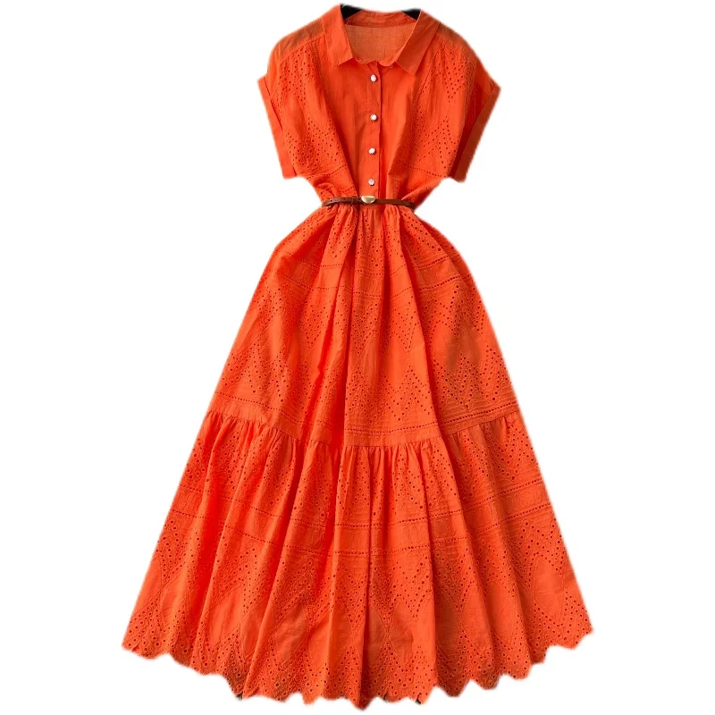 ชุดเดรสยาวทรงหลวม คอปก แขนยาว สำหรับผู้หญิง ฤดูร้อน ดีไซน์กระโปรงทรงเอ จับจีบช่วงเอว แต่งกระดุม สไตล์ลำลองเก๋ไก๋