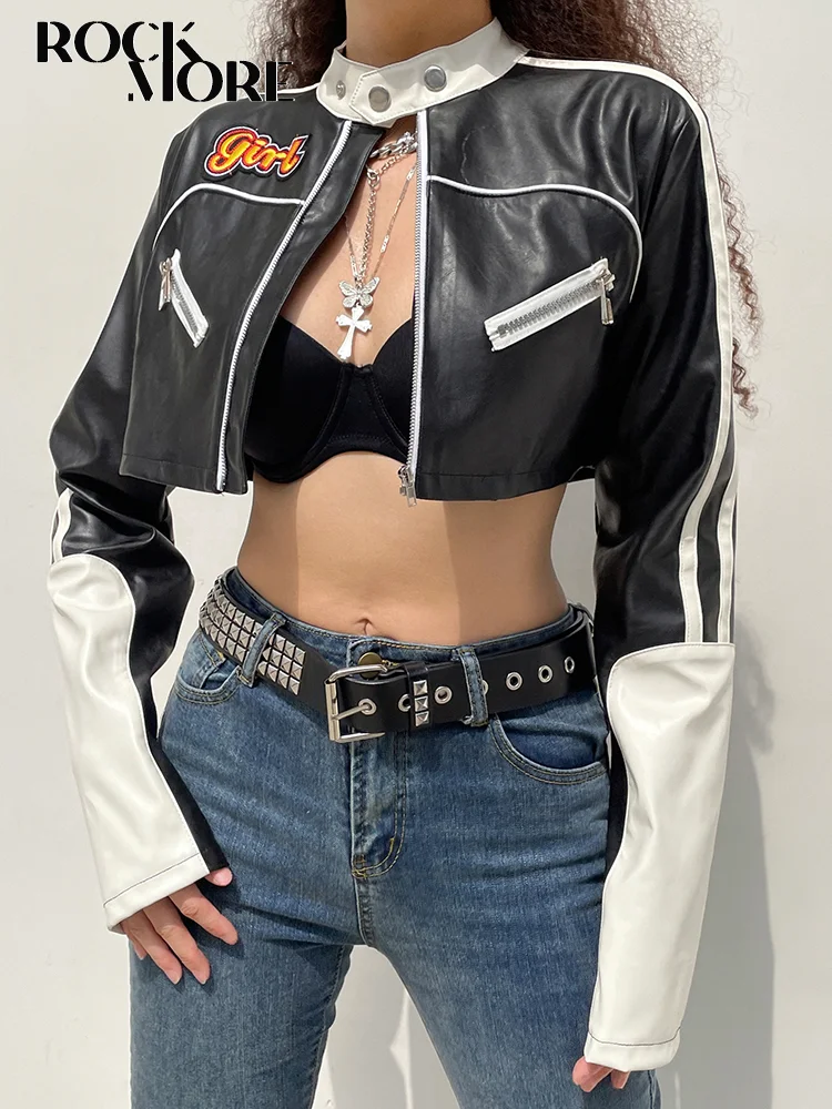 Rockmore PU Cropped Jackets Women Punk Style Patchwork Zipper Stand Collar Bomber Coats Streetwear Autumn Leather Outerwear 2022