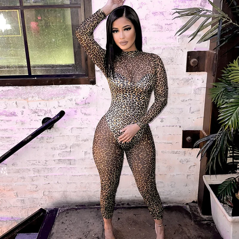 

Weird Puss Leopard Jumpsuits Women Sexy Mesh Long Sleeve Rompers High Street Overalls Clubwear Erotic Bodysuit Shapwear Lingerie