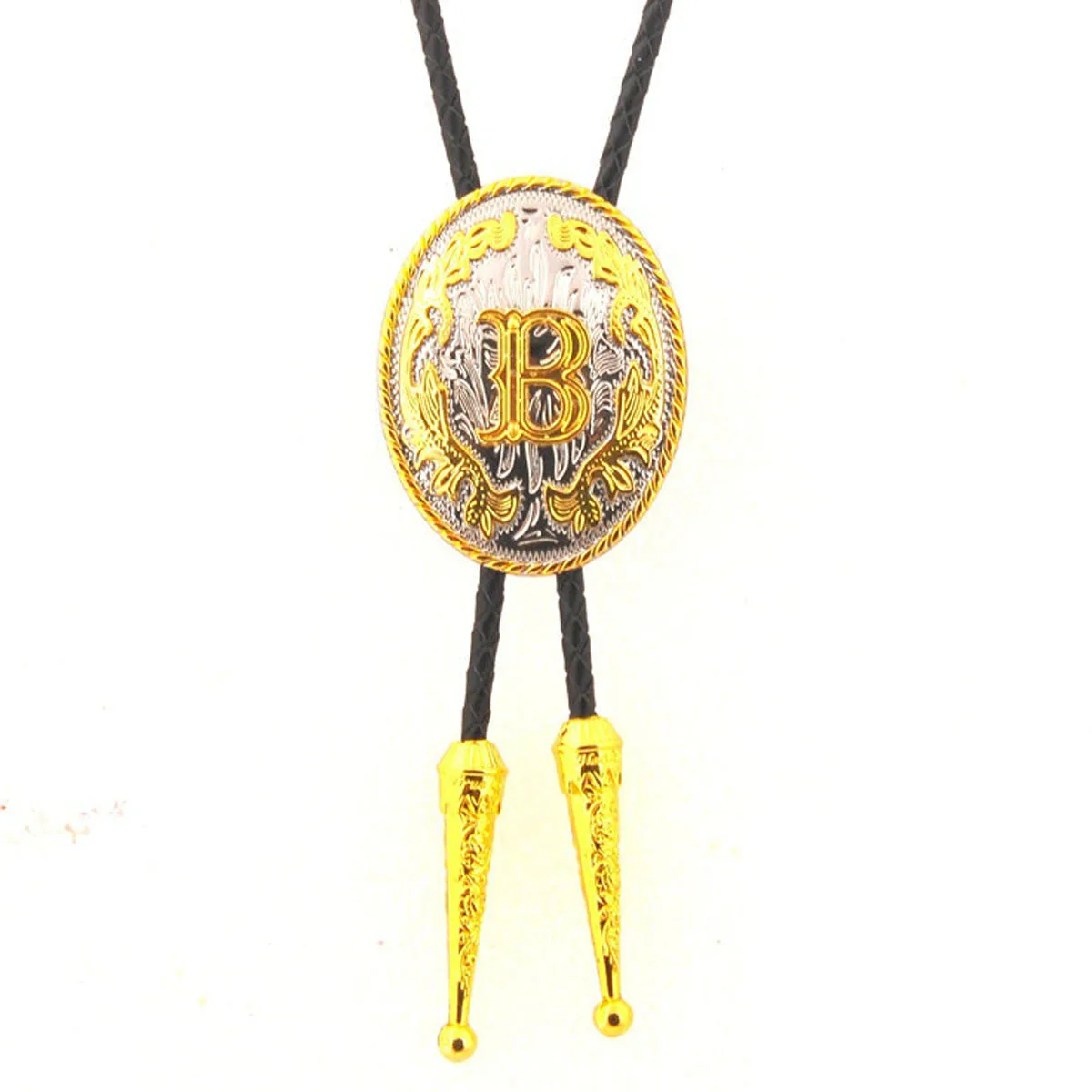

Vintage Floral Engraved Gold Silver Initial ABC-XYZ Bolo Tie Western Cowboy Leather Rope Necktie for Men Party Costume Accessory