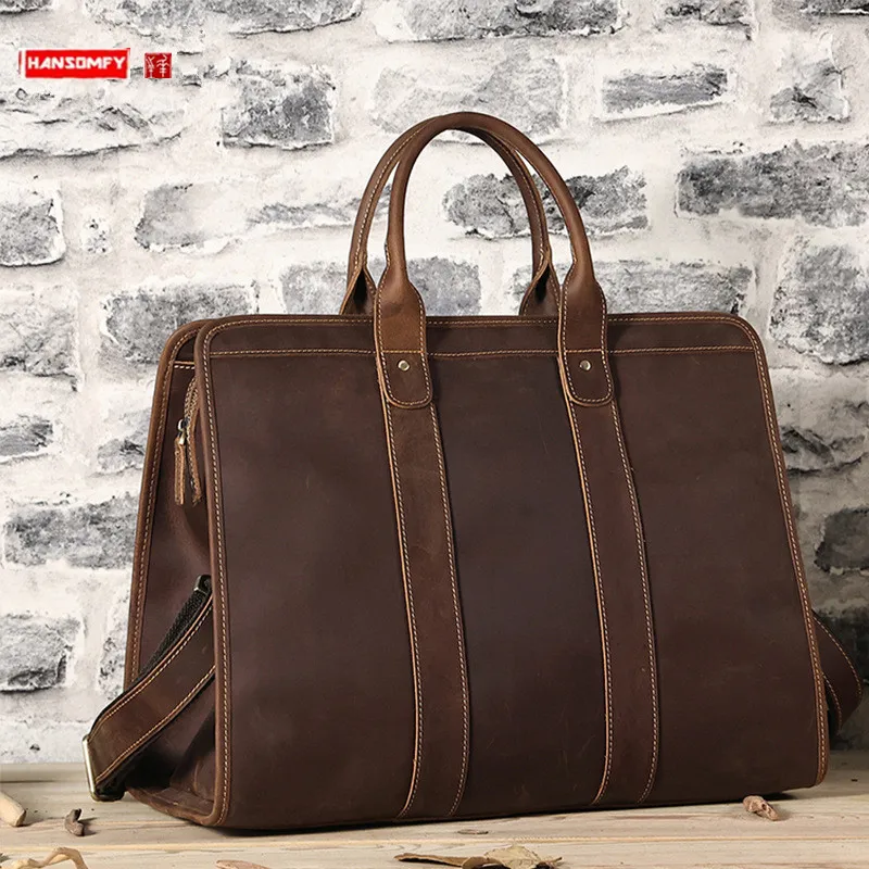 Retro Crazy Horse Leather Men's Briefcase Large Capacity Shoulder Messenger Handbags Computer Bag Business Travel Bags Schoolbag