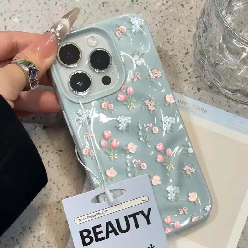 Cute Small Flowers Wrinkle Texture Phone Case for iPhone 18 Pro Max 17 16 15 Plus 14 13 12 11 Air Glossy Shockproof Soft Cover