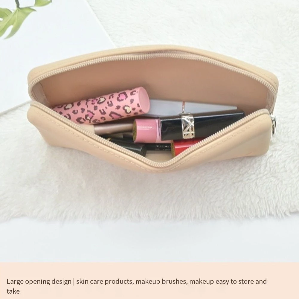 

Solid Color Silicone Cosmetic Bag Rectangle Portable Toiletries Purse with Zip Waterproof Makeup Brush Case for Travel