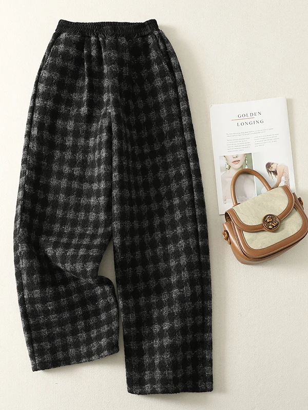 

Retro Plaid Wool Wide Leg Pants Loose Fit Casual Nine Points Trousers for plus Size Women Comfortable Elastic Waist