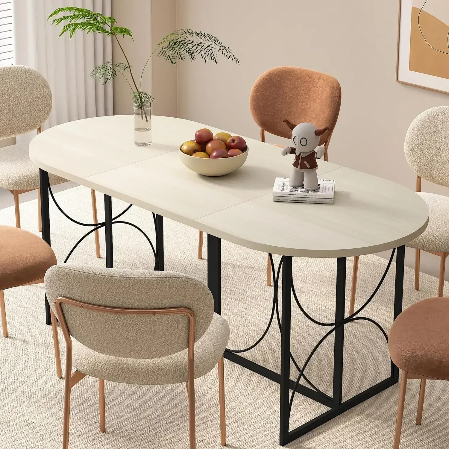 Table for 6 People, Oval Large Long Modern Dining Table,Oak Curved Kitchen Table with Stylish Metal Legs for Family Dining