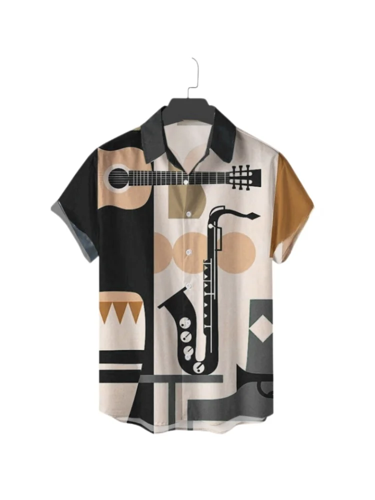 

Casual 3D Instrument Print Loose irt Casual Faion Urban Sle ort Sve Men's irt Lapel Design Comfortable All-Seaso...