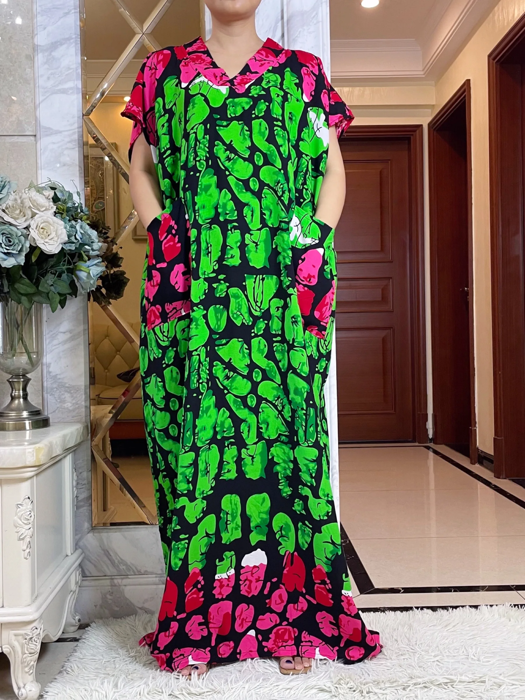 2024 New African Women Dashiki 100% Cotton Floral Dress With Oversize Scarf Short Sleeve Maxi Loose  Muslim Elegant Abaya