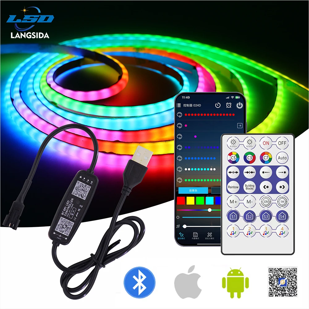 WS2812 3 مللي متر 240LED بلوتوث الذكية RGB COB قطاع تحكم APP التحكم 720 المصابيح/م أوضاع الموسيقى المنشطة الصوت تشغيل 5 فولت COB 240D