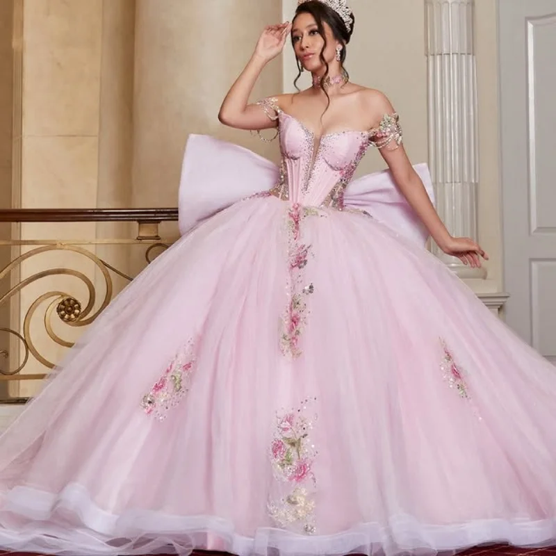 

Customized Pink Light Pink Quinceanera Dresses Off the Shoulder flower applique Long tail Bow Vestido 15 Quinceanera