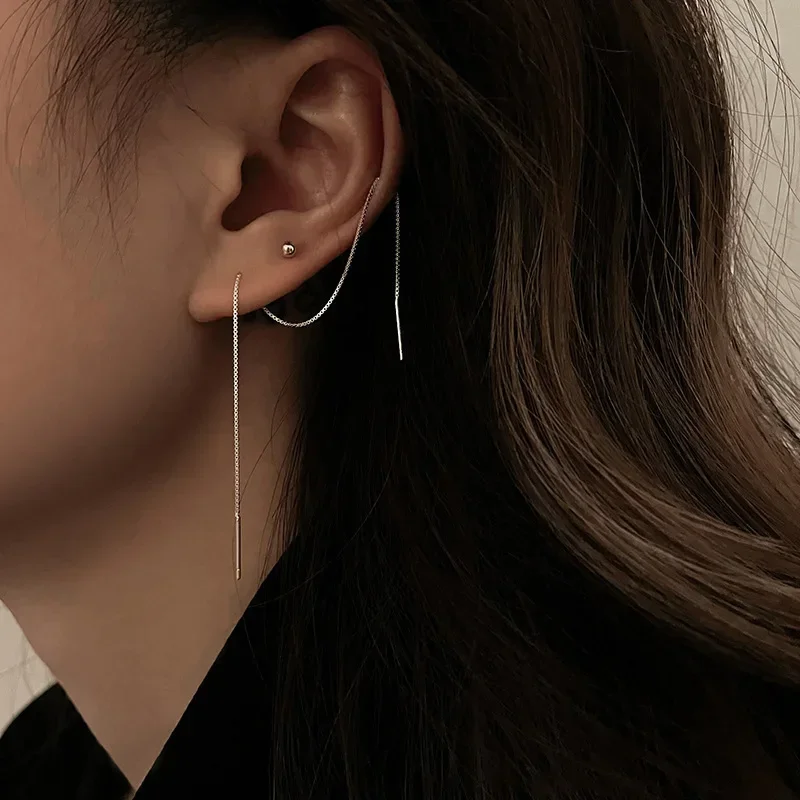 Retro Classic Long Tassel Ear Line Drop Dangle Earring for Women Charm Silver Color Stainless Steel Chain Hanging Earing Jewelry