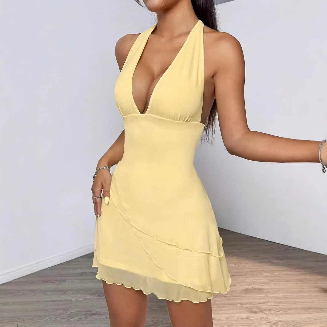 2025TK Amazon Foreign Trade Rock Sexy tiefes V-Ausschnitt-Ausschnitt Spice Girl Low-Cut-Kleid Hellgelber Netzrock