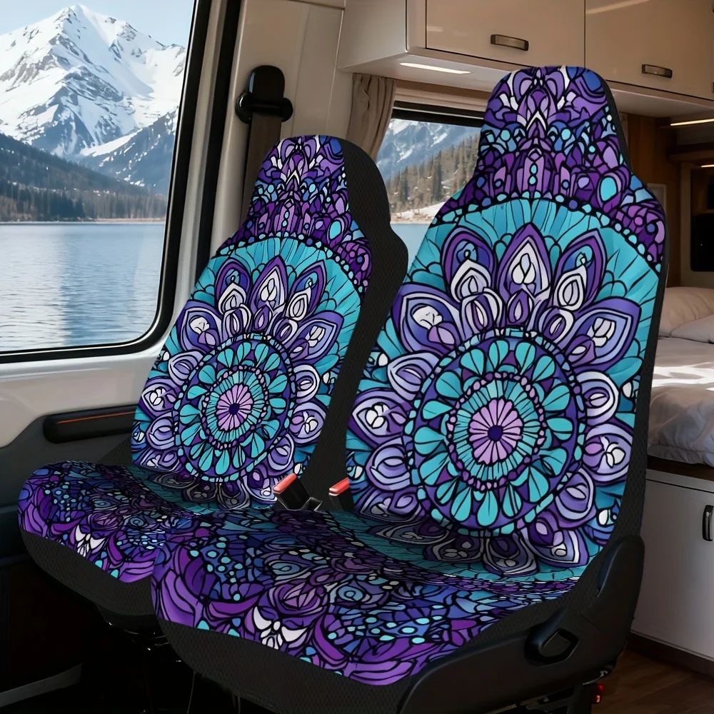 2pcs Universal Car Seat Covers Set - Elegant Floral Mandala Design, Soft Breathable Fabric, Non-Slip Backrest & Armrest Protecti