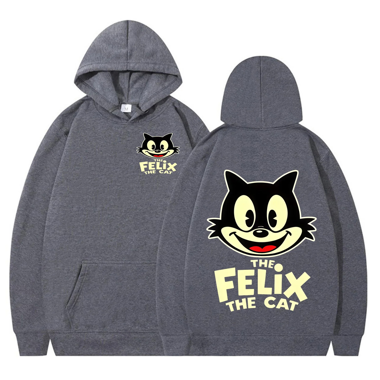 Modisches Felix-Sweatshirt mit Katzenmuster, schwarz, lockere Passform, Kapuzenpullover in Übergröße, klassisches, mit Cartoon-Fleece gefüttertes Sweatshirt – Detail 2