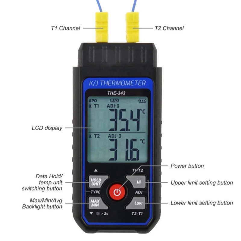 Thermocouple Thermometer Digital K Type Thermometer With 4 Thermocouples, -328-2500℉ Measuring Range HVAC Thermometer