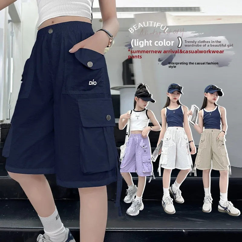 2026  New Summer Teenage Short Girls Pants 3-14 Years Old Big Pocket Trousers For Kids Children Birthday Present