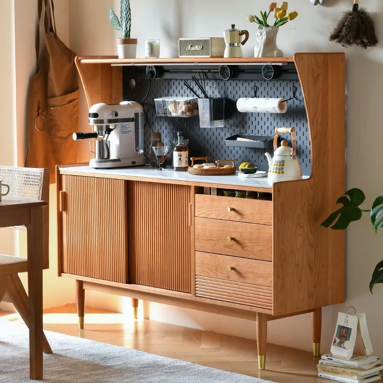 Customizable Nordic simple cherry wood restaurant storage slate tea cabinet integrated against the wall