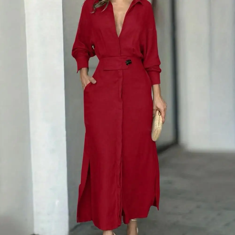 

Women Casual Dress Elegant Maxi Dress with Deep V Neck High Waist Side Split for Daily Wear Commute Spring/fall Season