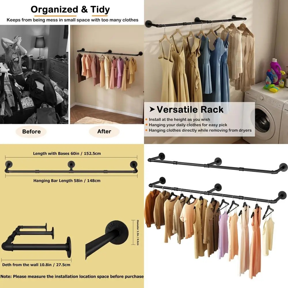 

60 Heavy Duty Wall-Mounted Iron Clothing Rack, 2-Pack, Space-Saving for Bedrooms and Laundry Rooms