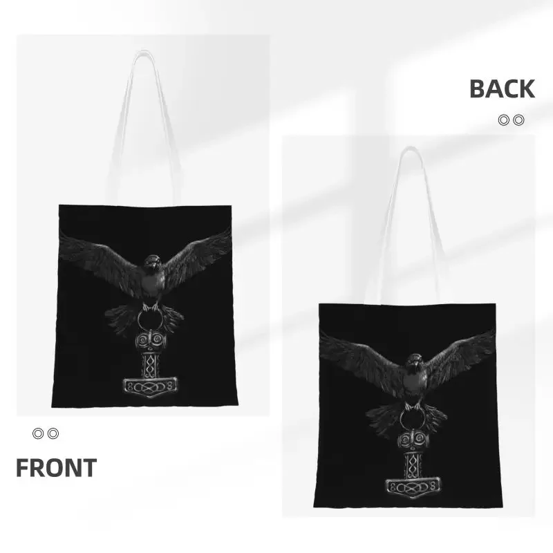 Raven With Mjolnir Hammer Groceries Shopping Bags Canvas Shopper Shoulder Tote Bag Norse  God Handbag