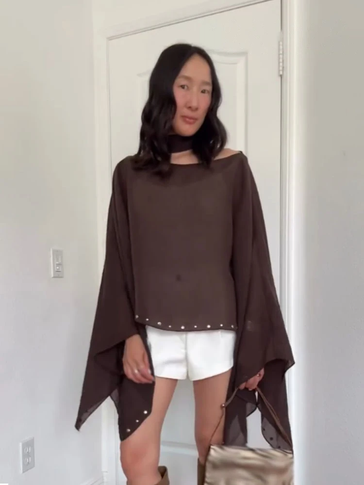 

HH Women's New Fashion Tops Solid Scarf Collar Long Sleeves Rivet Decoration Pullover Female Summer Chic Loose Blouses