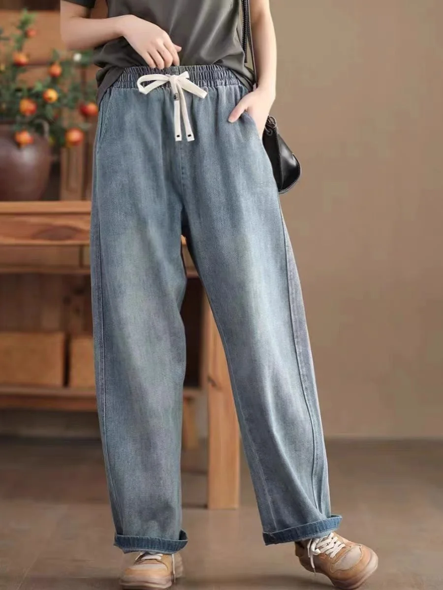 Pantalon d'été en Denim de coton pour femmes, décontracté, taille haute, Long, jambe droite, coupe ample, nouveau, sensation Premium, printemps