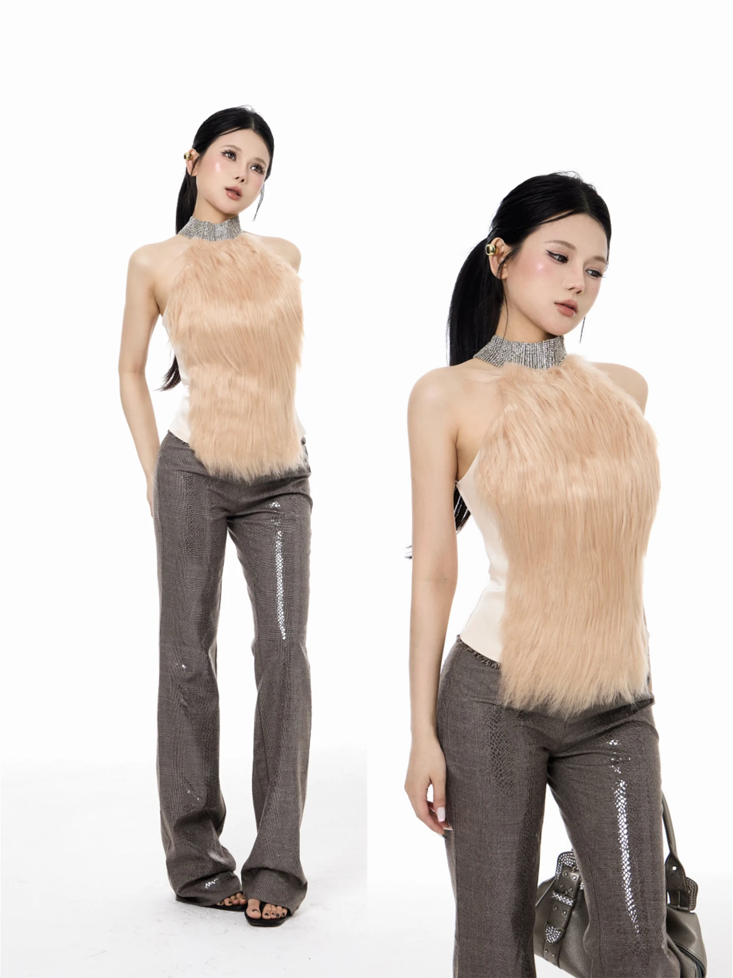 

Heavyweight Woolen Straight Leg Pants Low Waist Long Trousers Snake Skin Pattern Decorative Rivet Design Sparkling Long Pants