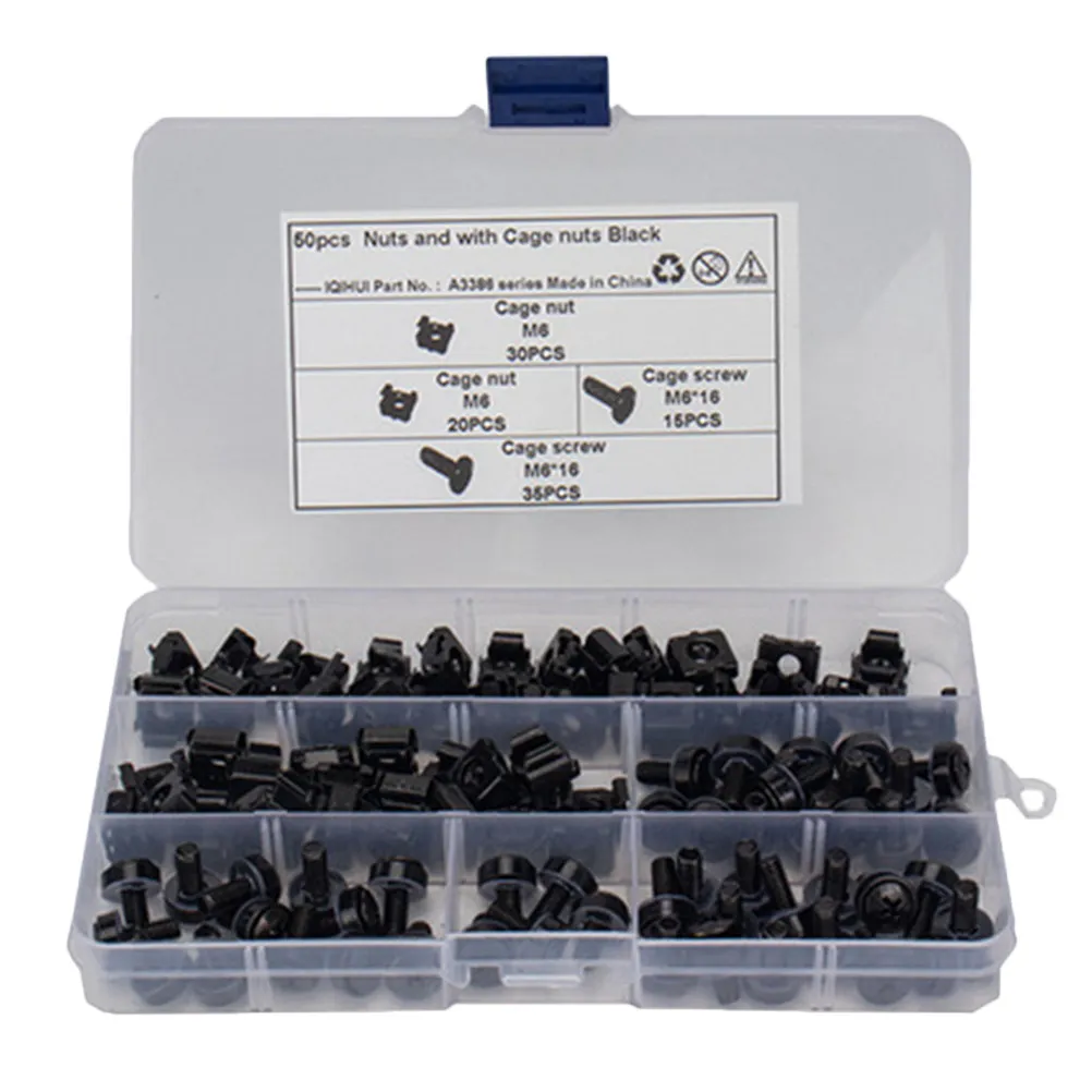1Set M6 Cage Nuts and Rack Mount Screws Kit Black Nickel Coated High Hardness Corrosion Resistant for Computer Server Cabinets