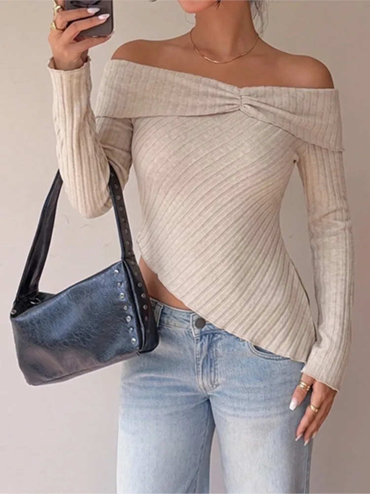 Off-shoulder Knitted Sweater Feminine Long-sleeved Short Pullover 2026 Women's Autumn Khaki Women's Casual Warm Slim Sweater