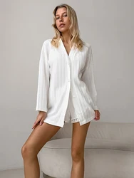 HiLoc Elegant White Knitted Shorts Nightwears Suits Women Fashion V-Neck Long Sleeve Shirts Sexy Lace Shorts Pajamas Two Pieces