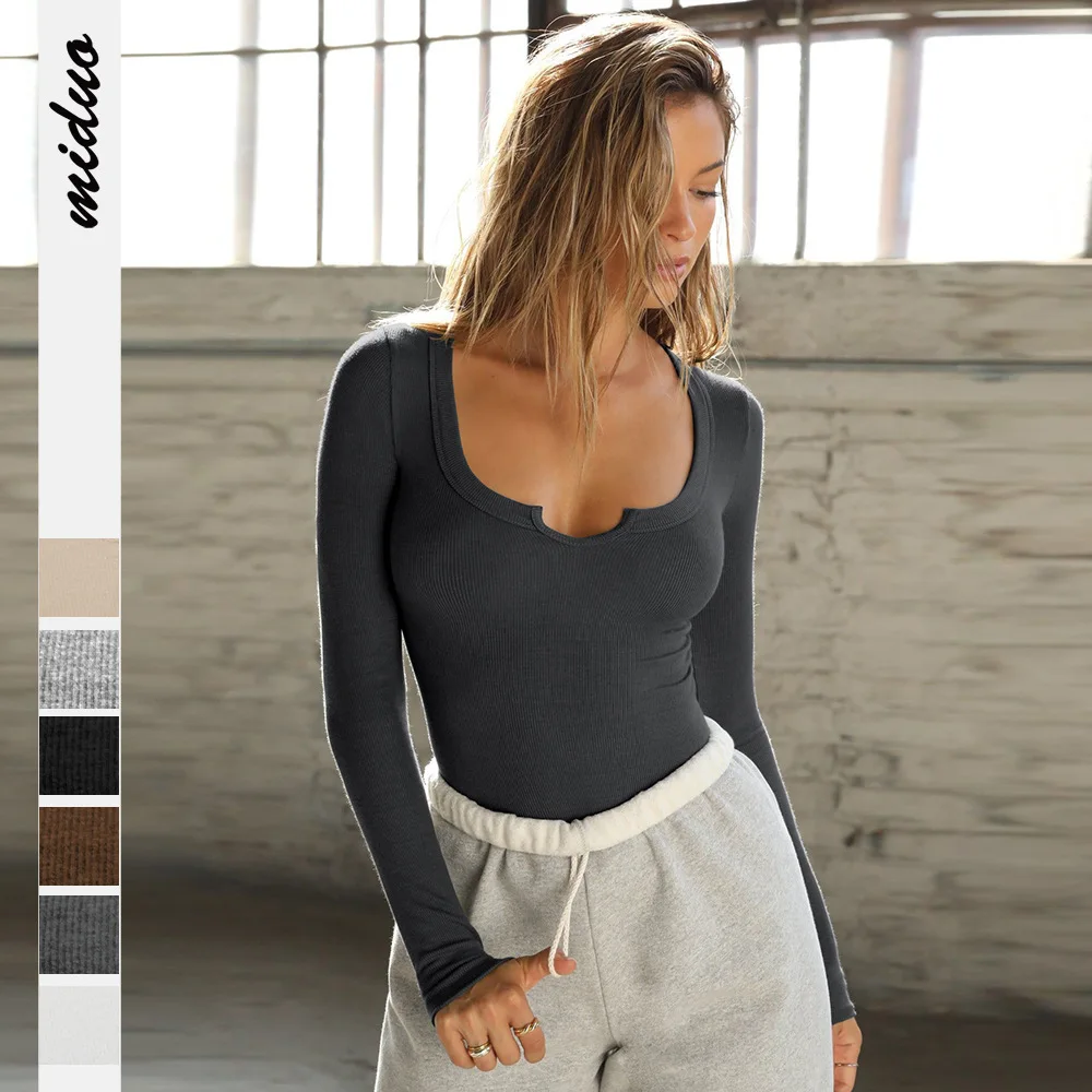 

2025 New Fine Ribbed Long Sleeve T Shirt Women's Summer Unique Sweet & Spicy Style V Neck Regular Shoulder Top