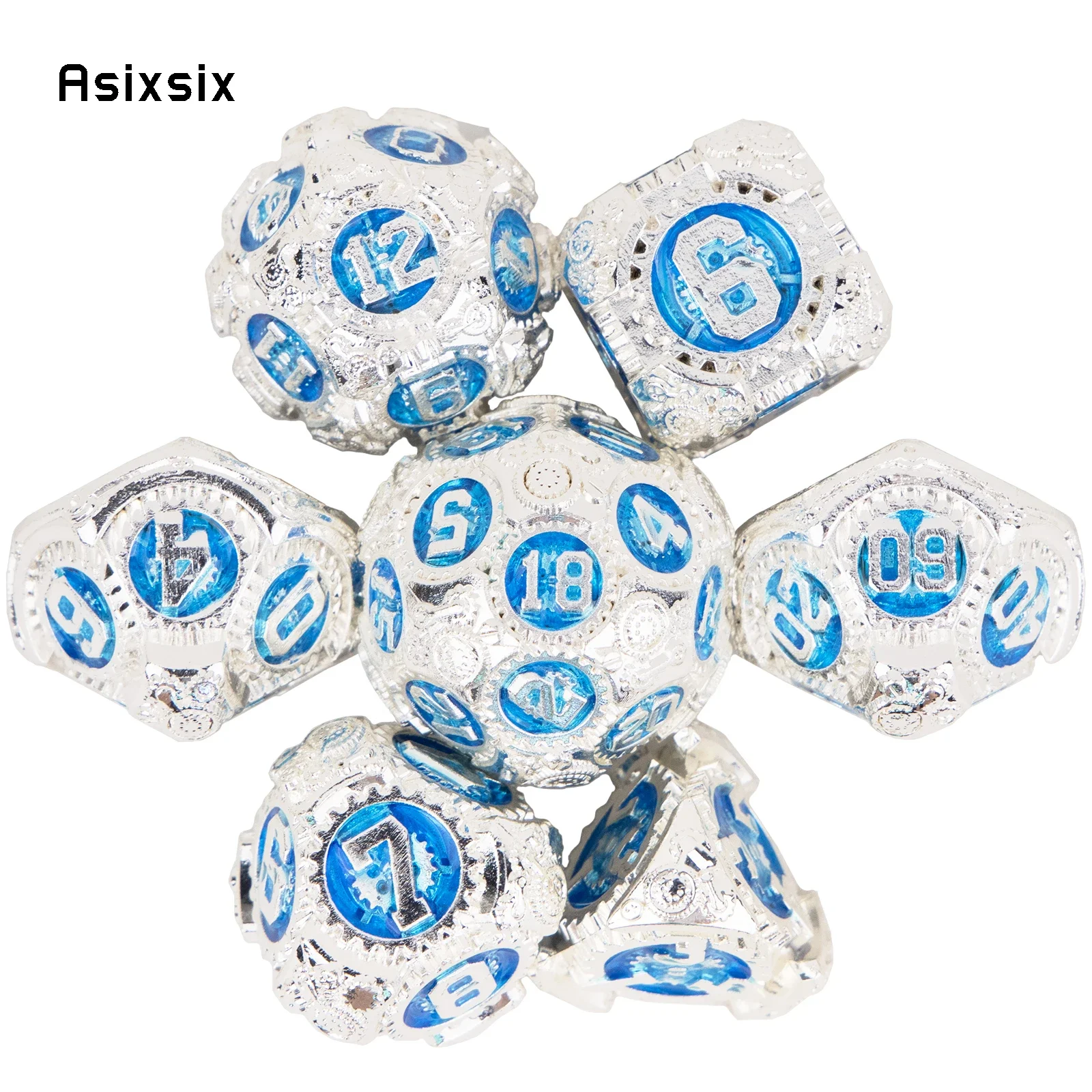 

7 Pcs White Blue Gear Wheel Metal Dice Solid Metal Polyhedral Dice Set Suitable For Role-Playing RPG Gift Card Game