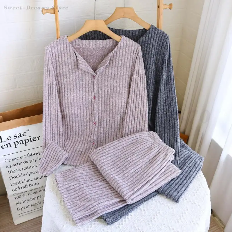 

Long Sleeve Pajamas Suit Spring Autumn V-Neck Sleepwear Loose Casual Cozy Pijamas Lady Intimate Lingerie Elastic Home Clothes