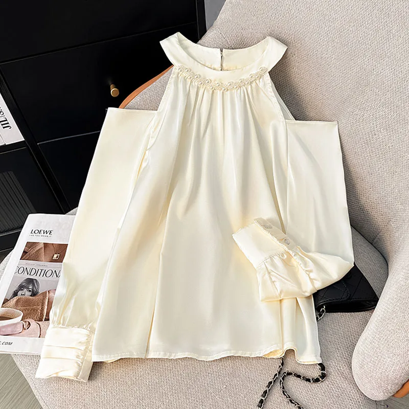 

Women Blouse Shirt New Long Sleeve O-Neck Beading Off Shoulder Blouse Shirt Women Tops Blouses Shirts Blusas Camisas 2025 Q522
