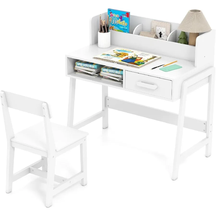 

INFANS Table and Chair Set Toddler Wooden Student Study Desk with Chair Storage Hutch Compartments Drawers for Writing Drawing