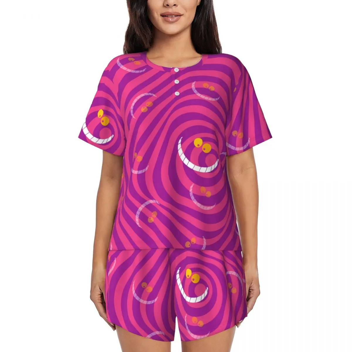 

Women's Alice In Wonderland Cheshire Cat Pajamas Set Custom Print Two-piece Pj Sets Short Sleeve Sleepwear Loungewear