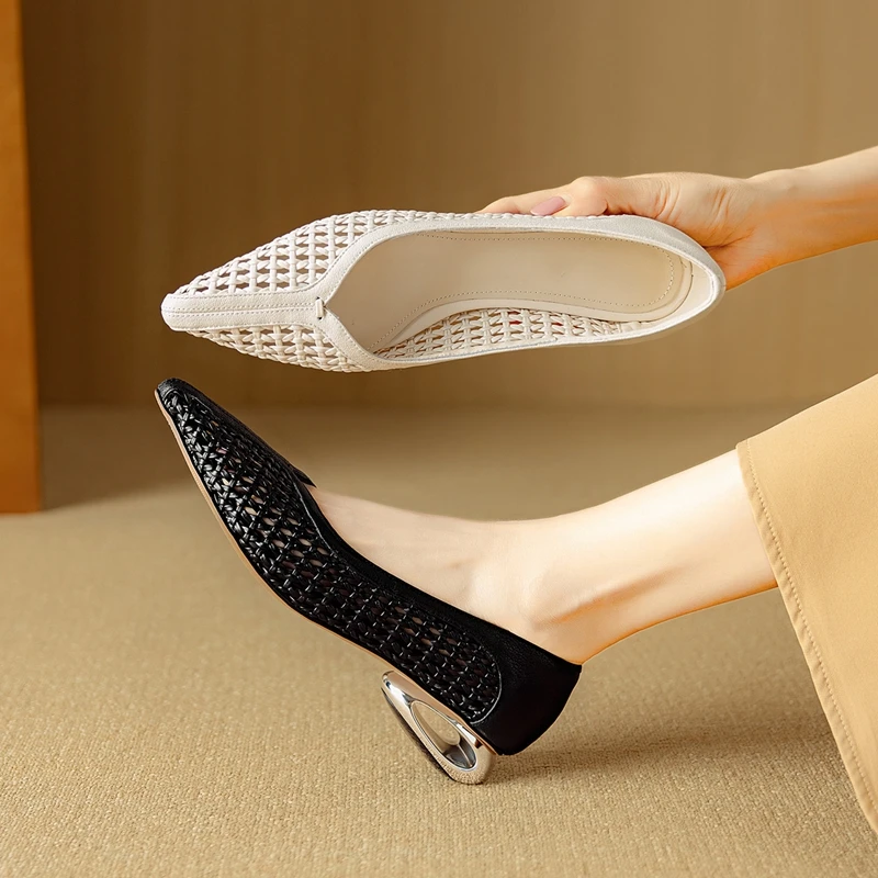 

Women's new spring and summer pointed leather cowhide woven hollow breathable mid heel fashion single shoes work shoes