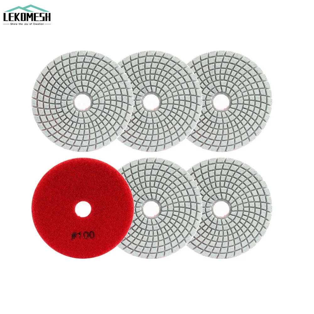 LEKOMESH 6pcs Set Dia 100mm/4inch Diamond Flexible Wet Polishing Pad Stone White Bond Spiral Granite Marble  Sanding Disc