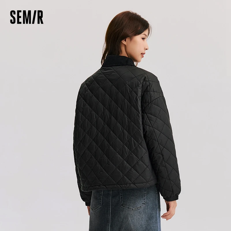 Semir Cotton Jacket Women Corduroy Lapel Diamond Check Retro 2024 Winter New Three-Proof Loose Lightweight Cotton Jacket