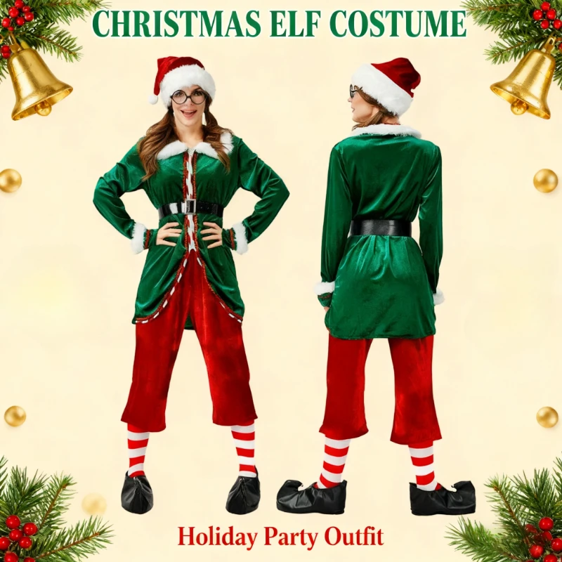 

[You're My Secret] Women Girl Elf Outfits Christmas Hat Boot Belt Dress Stocking Costume Elf Cosplay Outfits for Themed Party