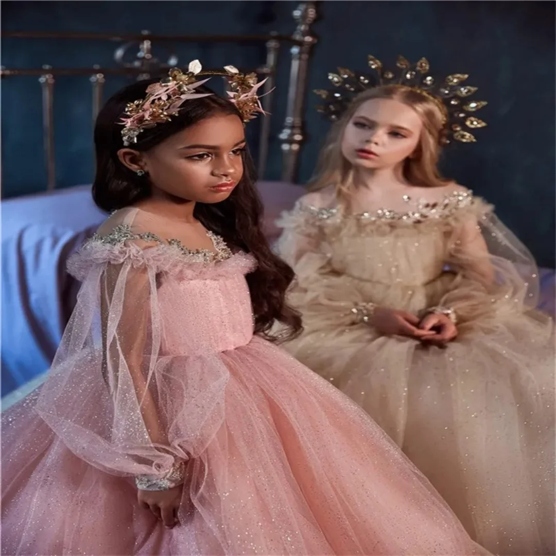 

Shining Girls Birthday Dresses Full Sleeves Sequins Tulle Flower Girl Dresses for Wedding Party Baby Ball Gowns Customized