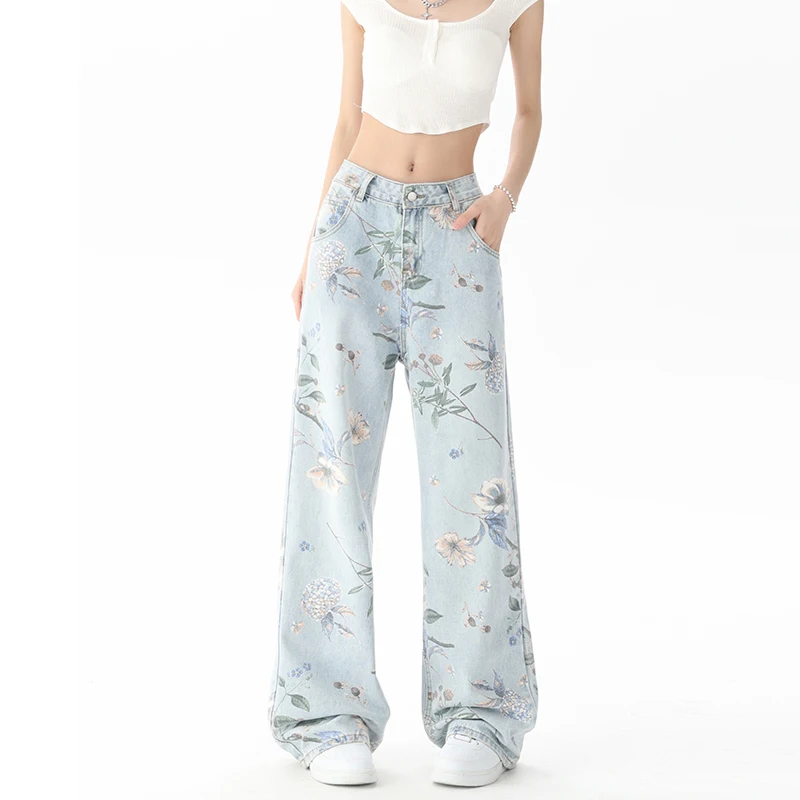 Vintage Floral Print High Waist High Street Blue Straight Jeans Pants Korean Fashion Women\'s Wide Leg Baggy Denim Trouser Y2K