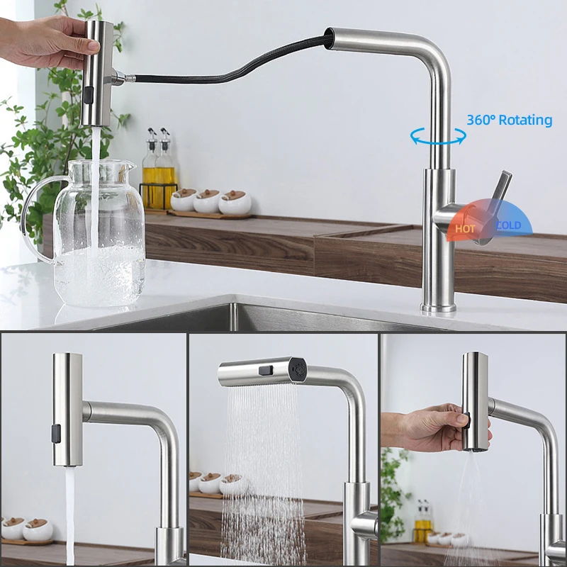 In Stock Kitchen Sink Mixers 304 Stainless Steel Hot And Cold Waterfall Faucet Pull Out Kitchen Taps